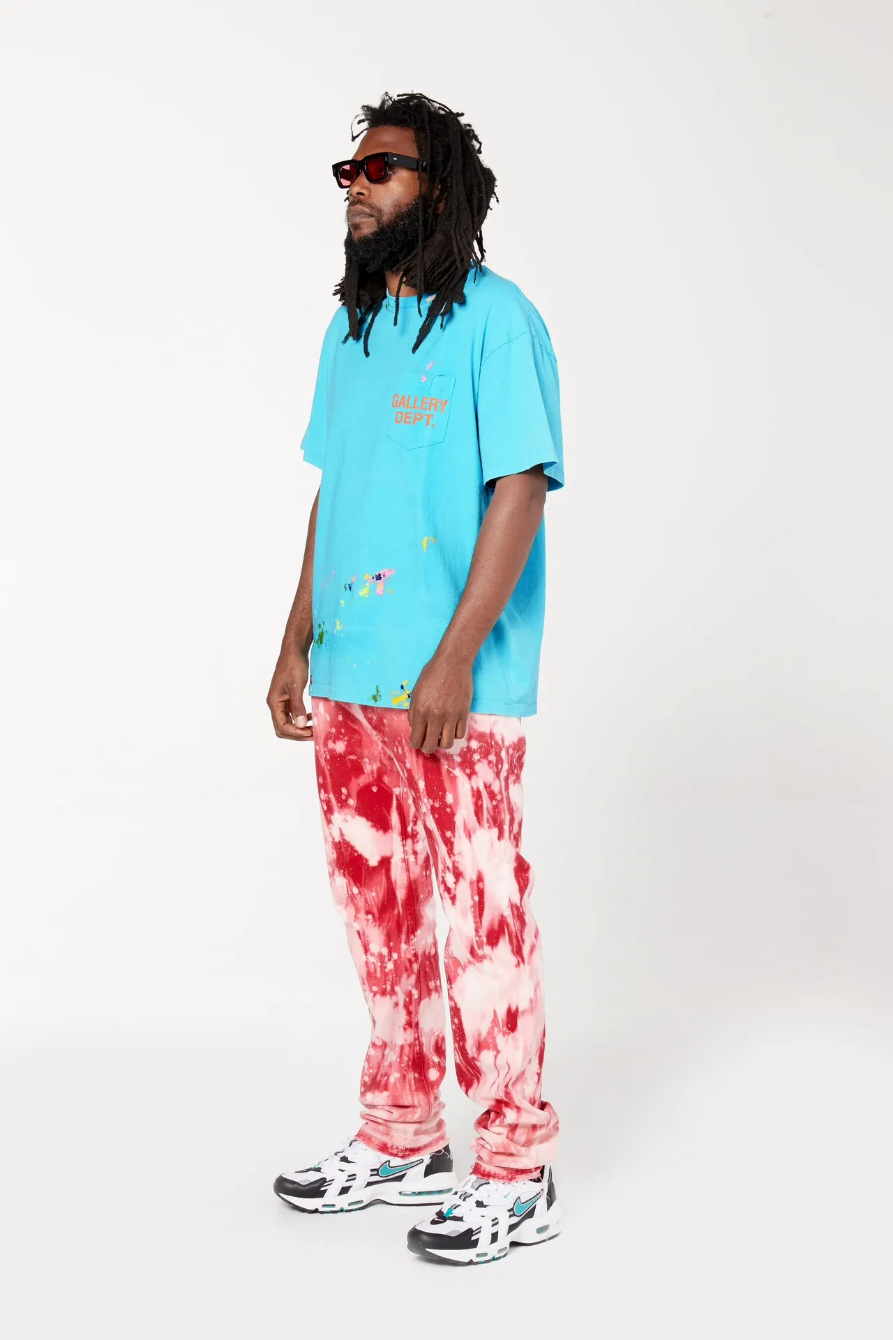 GALLERY DEPT. VINTAGE LOGO PAINTED TEE/Turquoise washed and distressed VINTAGE LOGO retro English pocket short sleeves lake blue S-XL ready-to-wear dyeing, hand-sewn and smeared with horseradish and fried with salt, very heavy industry, manufacturing dark and light fading technology, hand-splashed ink graffiti, genuine acrylic material